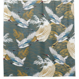 Japanese Vintage Crane Birds Pattern Shower Curtain