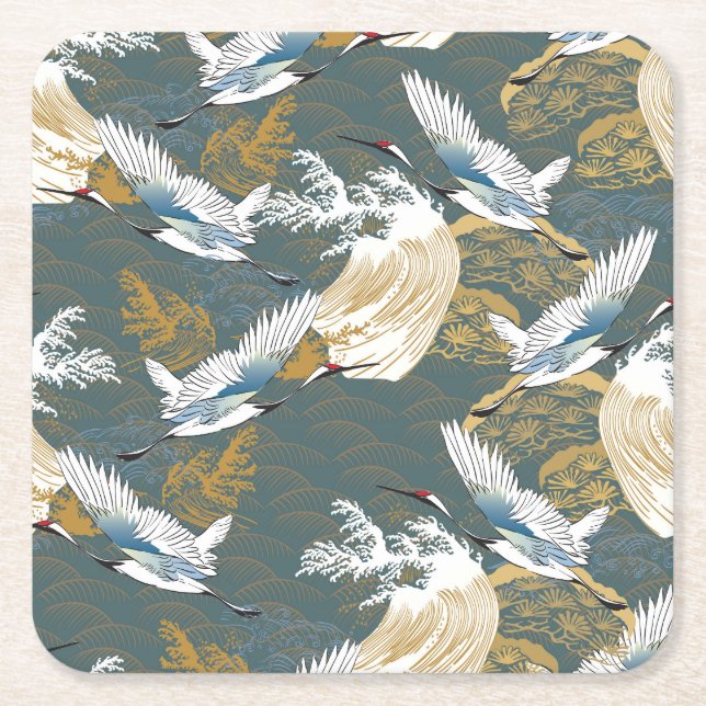 Japanese Vintage Crane Birds Pattern Square Paper Coaster (Front)