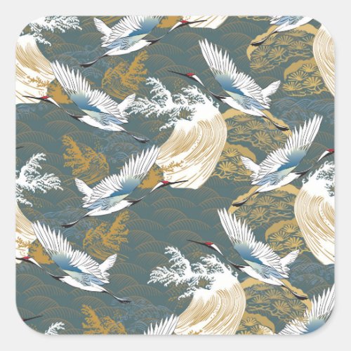 Japanese Vintage Crane Birds Pattern Square Sticker