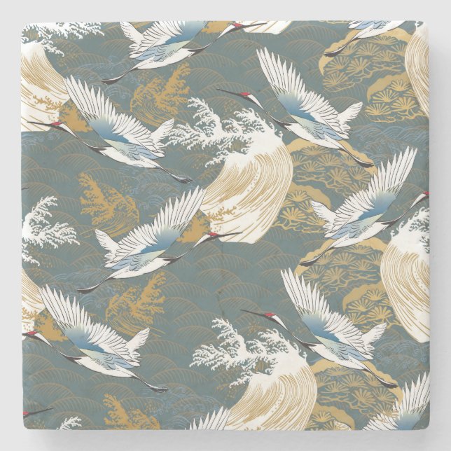 Japanese Vintage Crane Birds Pattern Stone Coaster (Front)