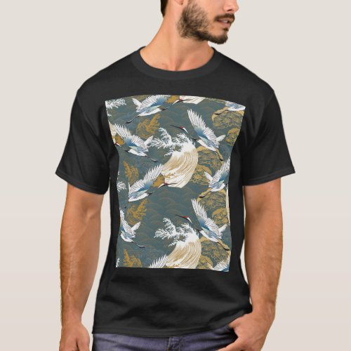 Japanese Vintage Crane Birds Pattern T_Shirt