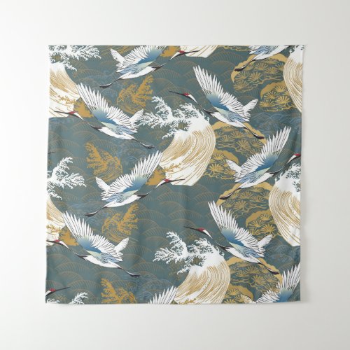 Japanese Vintage Crane Birds Pattern Tapestry