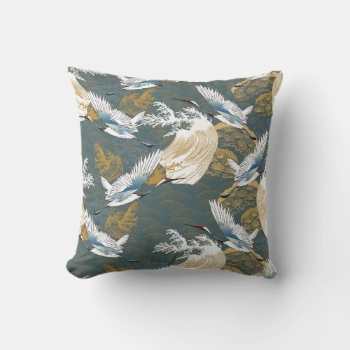 Japanese Vintage Crane Birds Pattern Throw Pillow