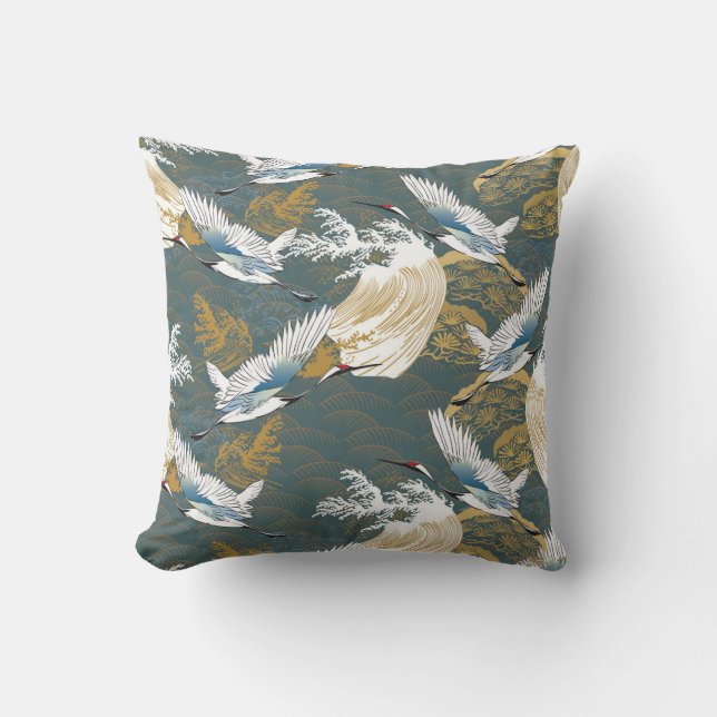 Japanese Vintage Crane Birds Pattern Throw Pillow (Front)