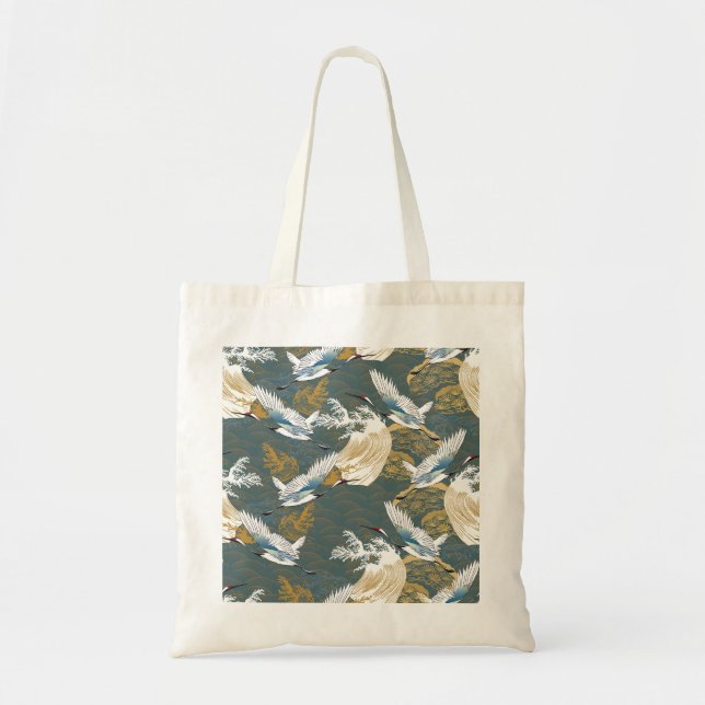 Japanese Vintage Crane Birds Pattern Tote Bag (Front)