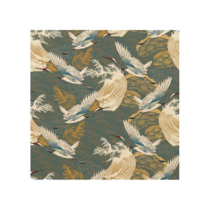 Japanese Vintage Crane Birds Pattern Wood Wall Art