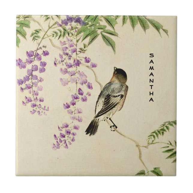 Japanese Vintage Lilac Sparrow Ceramic Tile (Front)