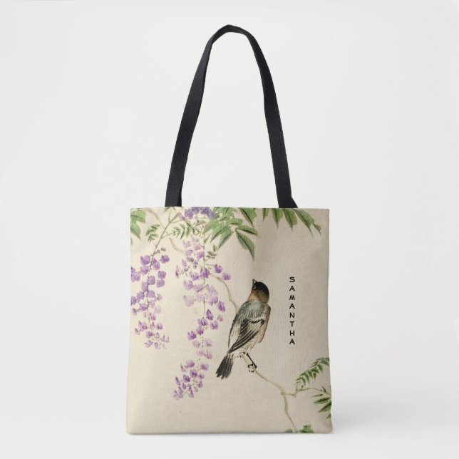 Japanese Vintage Lilac Sparrow Monogram Tote Bag (Front)