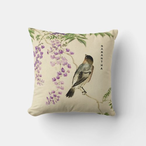 Japanese Vintage Lilac Sparrow Throw Pillow