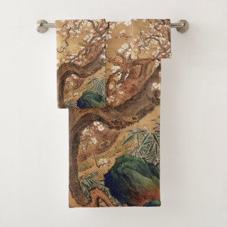Japanese vintage plum blossoms in moonlight bath towel set