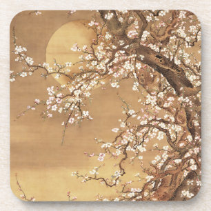 Japanese vintage plum blossoms in moonlight beverage coaster