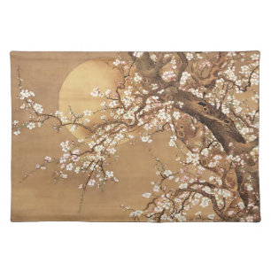 Japanese vintage plum blossoms in moonlight cloth placemat