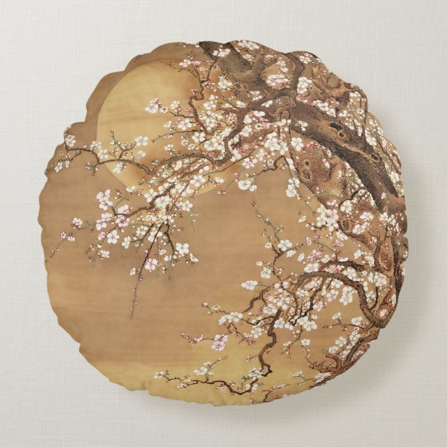 Japanese vintage plum blossoms in moonlight round pillow (Front)