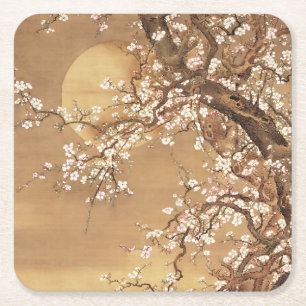 Japanese vintage plum blossoms in moonlight square paper coaster