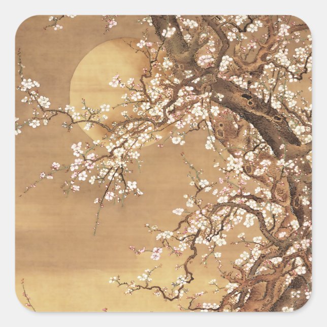 Japanese vintage plum blossoms in moonlight square sticker (Front)