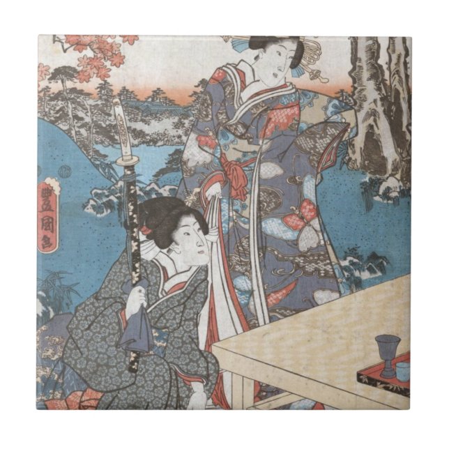 Japanese vintage ukiyo-e geisha ceramic tile (Front)