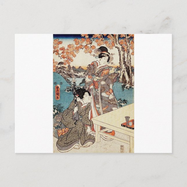 Japanese vintage ukiyo-e geisha old scroll postcard (Front)