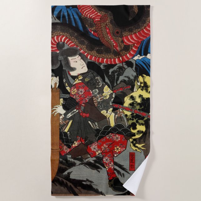 Japanese warrior fighting giant snake beach towel (Front)