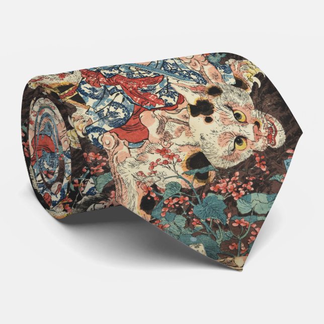 JAPANESE WARRIOR KILLING A MONSTROUS CAT Ukiyoe Neck Tie (Rolled)