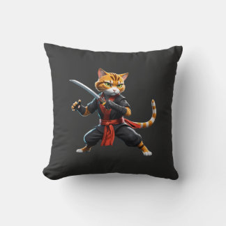 Japanese Warrior Ninja Cat T-Shirt  Throw Pillow