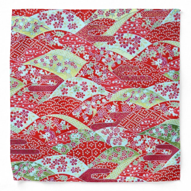 Japanese Washi Art Red Floral Origami Bandana (Front)