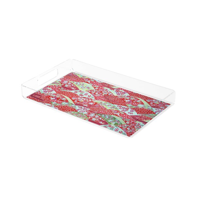 Japanese Washi Art Red Floral Origami Yuzen Acrylic Tray (Angled)