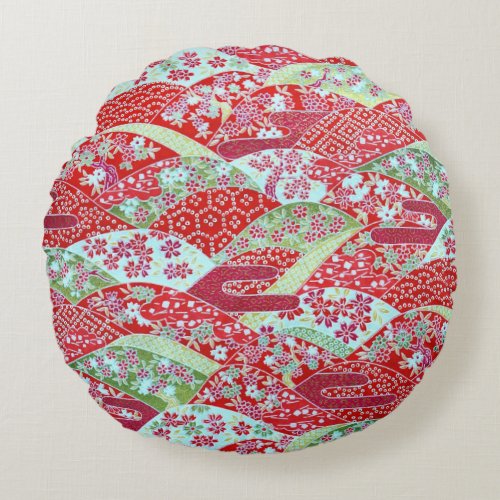 Japanese Washi Art Red Floral Origami Yuzen Round Round Pillow