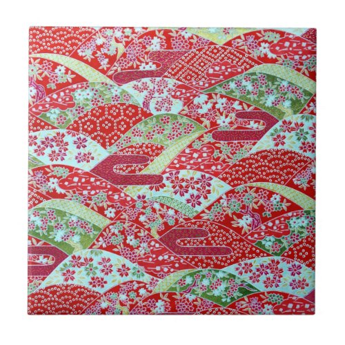 Japanese Washi Art Red Floral Origami Yuzen Tile