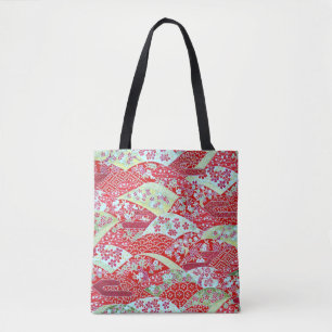 Japanese Washi Art Red Floral Origami Yuzen Tote Bag