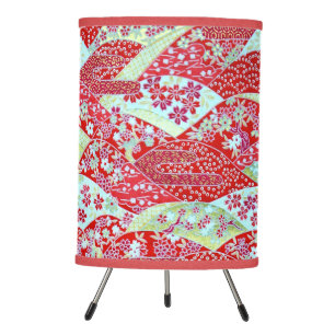 Japanese Washi Art Red Floral Origami Yuzen Tripod Lamp