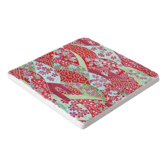 Japanese Washi Art Red Floral Origami Yuzen Trivet (Corner)
