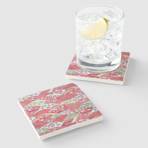 Japanese Washi Art Red Floral Yuzen Stone Coaster