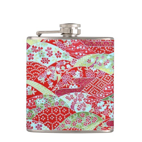 Japanese Washi Red Floral Origami Yuzen Hip Flask