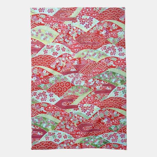 Japanese Washi Red Floral Origami Yuzen Towel (Vertical)