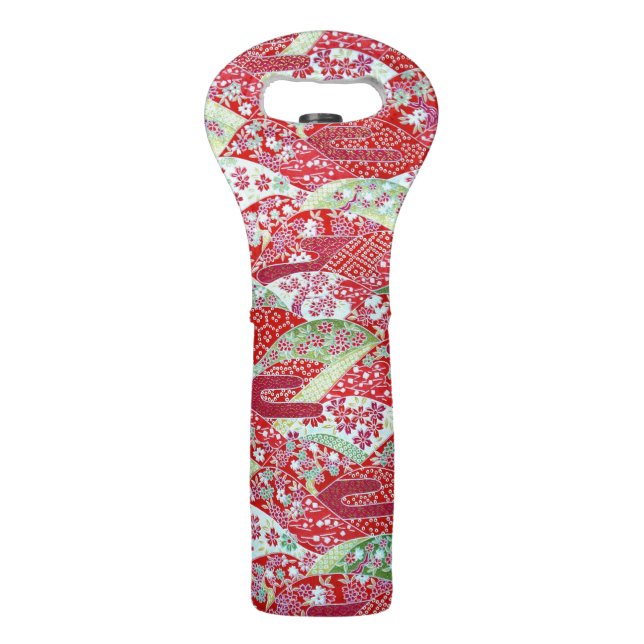 Japanese Washi Red Floral Origami Yuzen Wine Bag (Front)