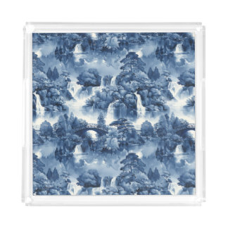 Japanese water garden in a blue white porcelain acrylic tray
