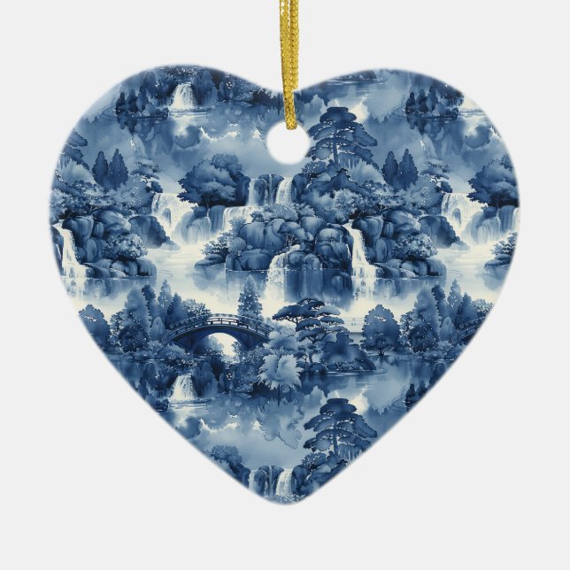 Japanese water garden in a blue white porcelain ceramic ornament (Front)