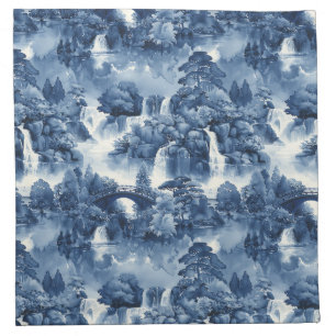 Japanese water garden in a blue white porcelain cloth napkin