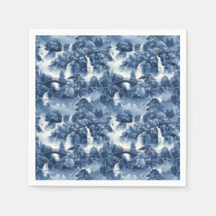Japanese water garden in a blue white porcelain napkins