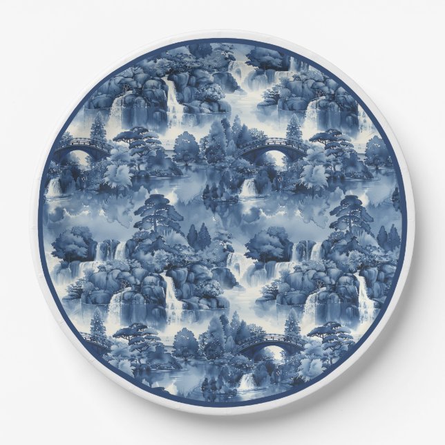 Japanese water garden in a blue white porcelain paper plates (Front)
