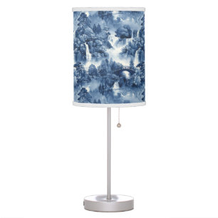 Japanese water garden in a blue white porcelain table lamp