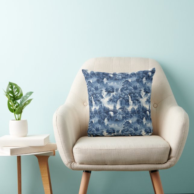 Japanese water garden in a blue white porcelain throw pillow (Chair)