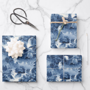 Japanese water garden in a blue white porcelain wrapping paper sheets