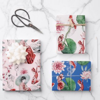 Japanese Watercolor Art Asian Koi Flower Pattern 