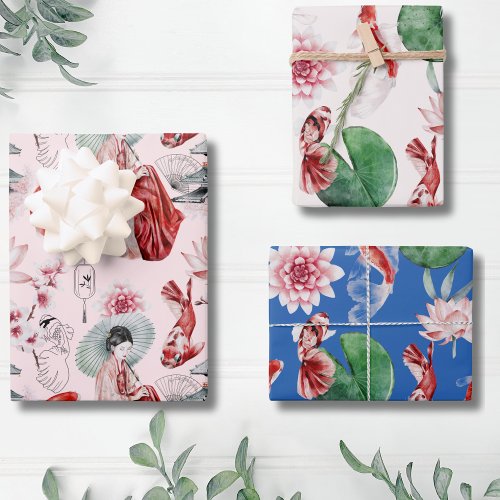 Japanese Watercolor Art Asian Koi Flower Pattern  Wrapping Paper Sheets