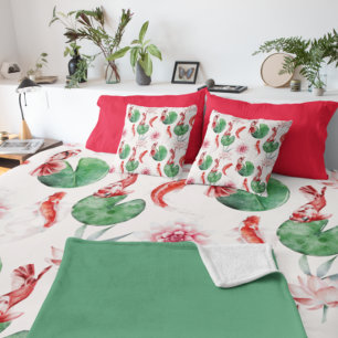 Japanese Watercolor Art Koi Fish Lotus Lily Pad  Duvet Cover