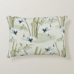 Japanese Watercolor Asian Art Bamboo Bird Pattern Accent Pillow