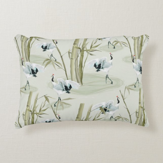 Japanese Watercolor Asian Art Bamboo Bird Pattern Accent Pillow (Front)