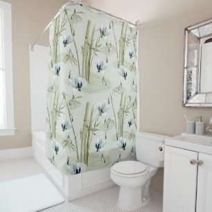 Japanese Watercolor Asian Art Bamboo Bird Pattern Shower Curtain