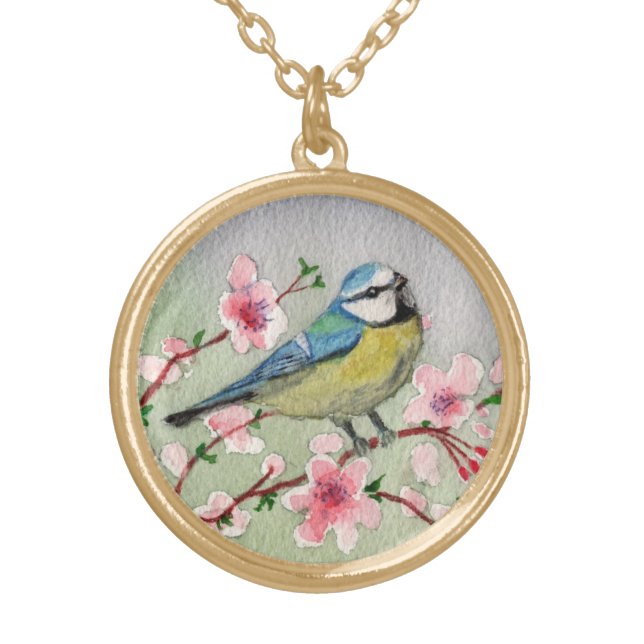 Japanese Watercolor Bluebird Bird Necklace (Front)